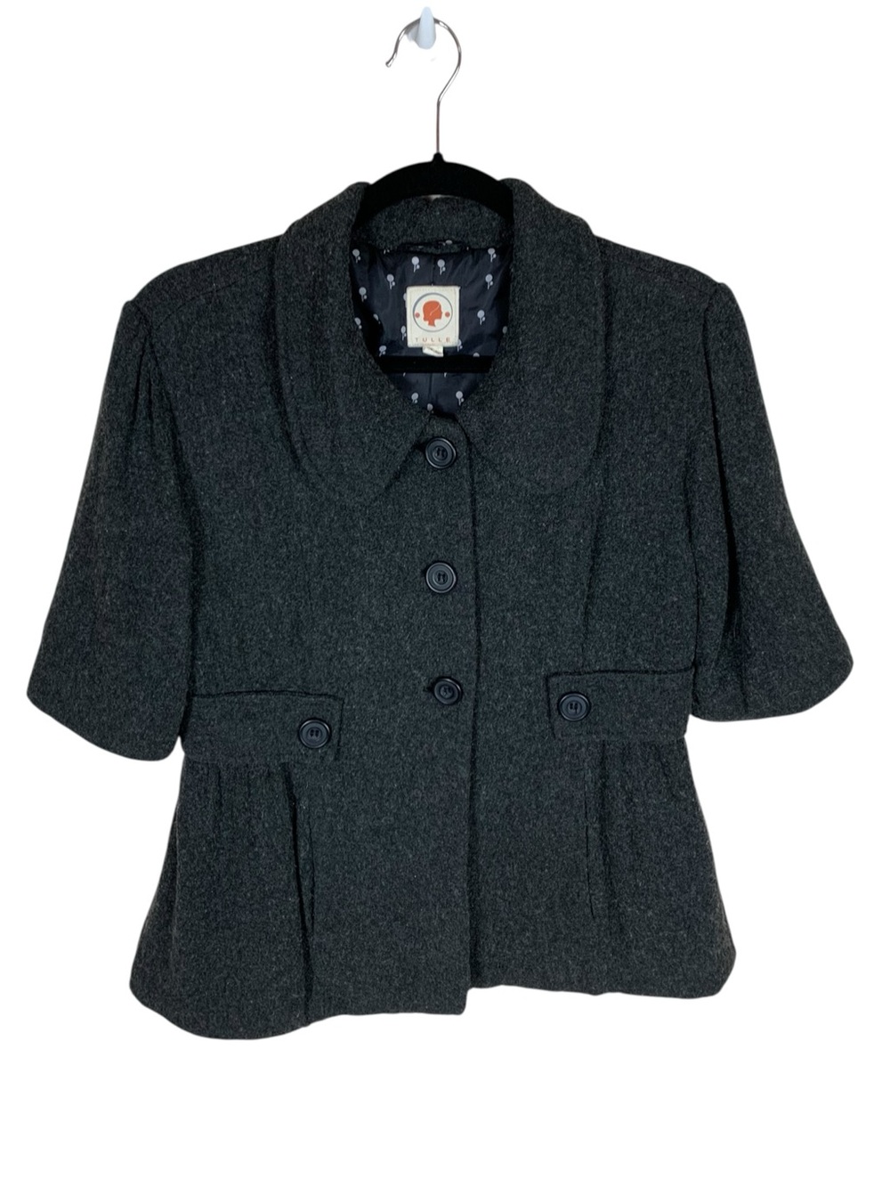 Tulle Gray Wool Blend Short Sleeve Single Breasted Peter Pan Collar Coat Size L